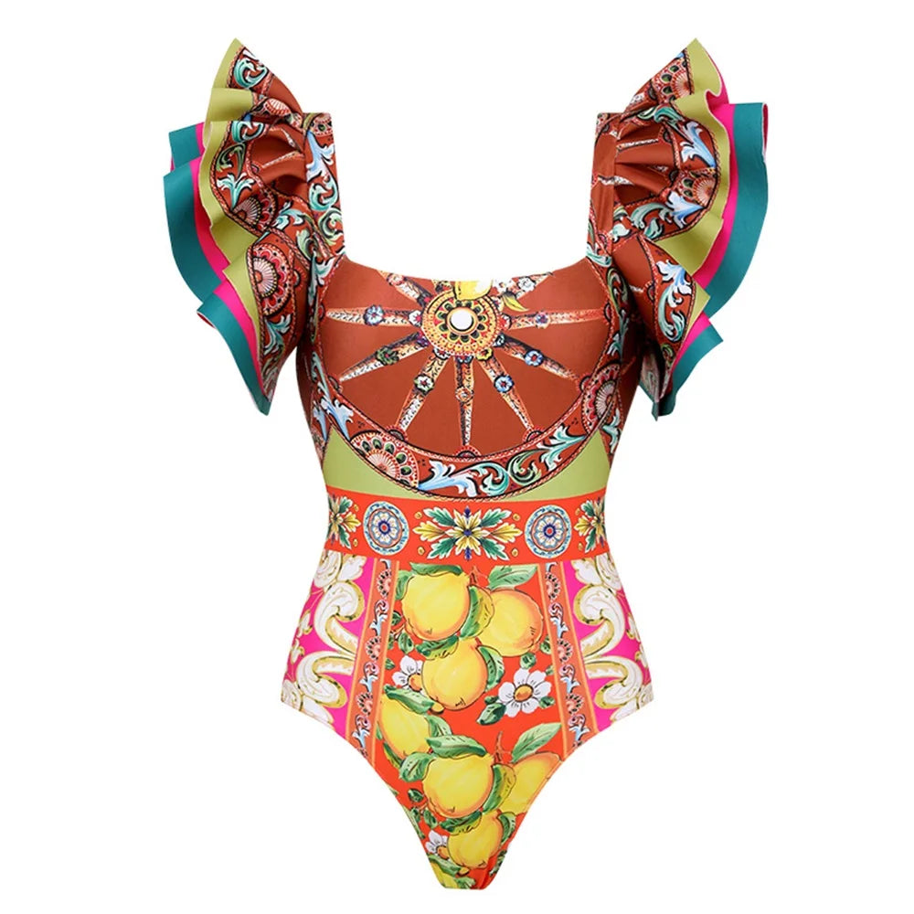 Women's colorful one-piece bathing suit with ruffled sleeves, beachwear