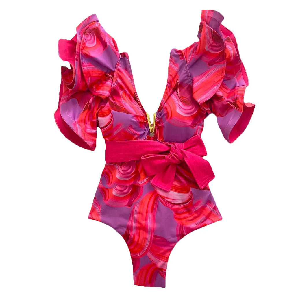 Women’s colorful vacation bathing suits with ruffle sleeves and belt