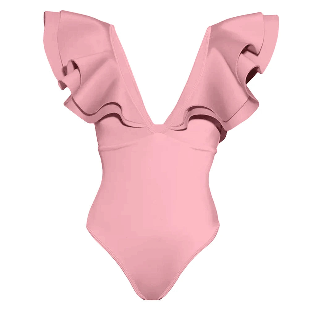 womens vacation bathing suits in pink with ruffled sleeves