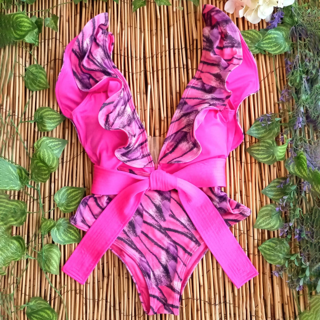 Womens vacation bathing suits, pink ruffled one-piece for beach fun