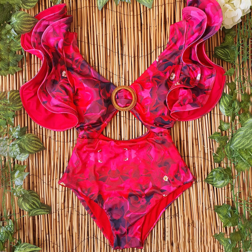 Womens vacation bathing suits, red floral one-piece, stylish and chic