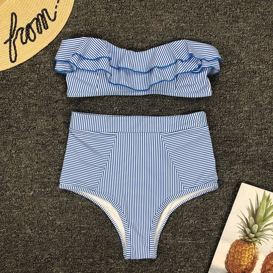 womens vacation bathing suits, blue striped bikini set, stylish beachwear
