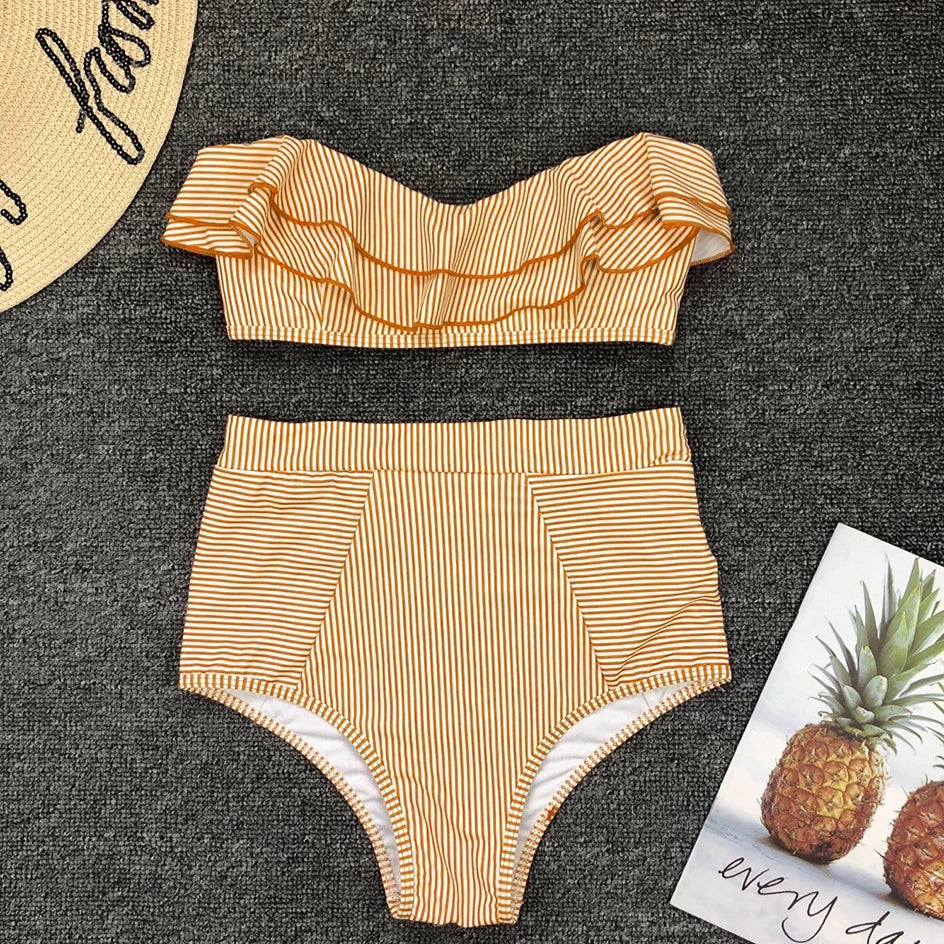 womens vacation bathing suits, yellow striped bikini set for beach days