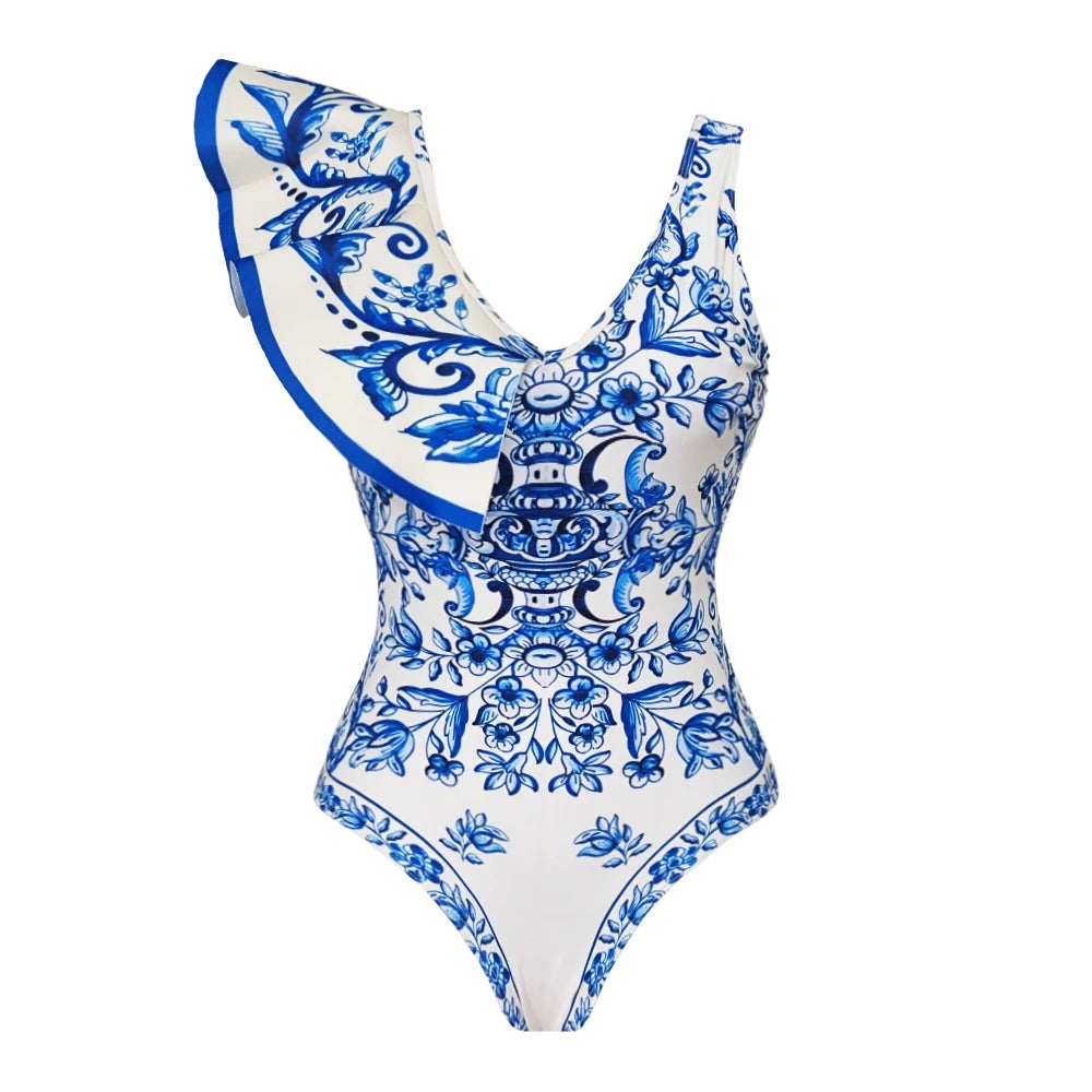 Womens vacation bathing suits, blue floral one-piece, perfect for the beach