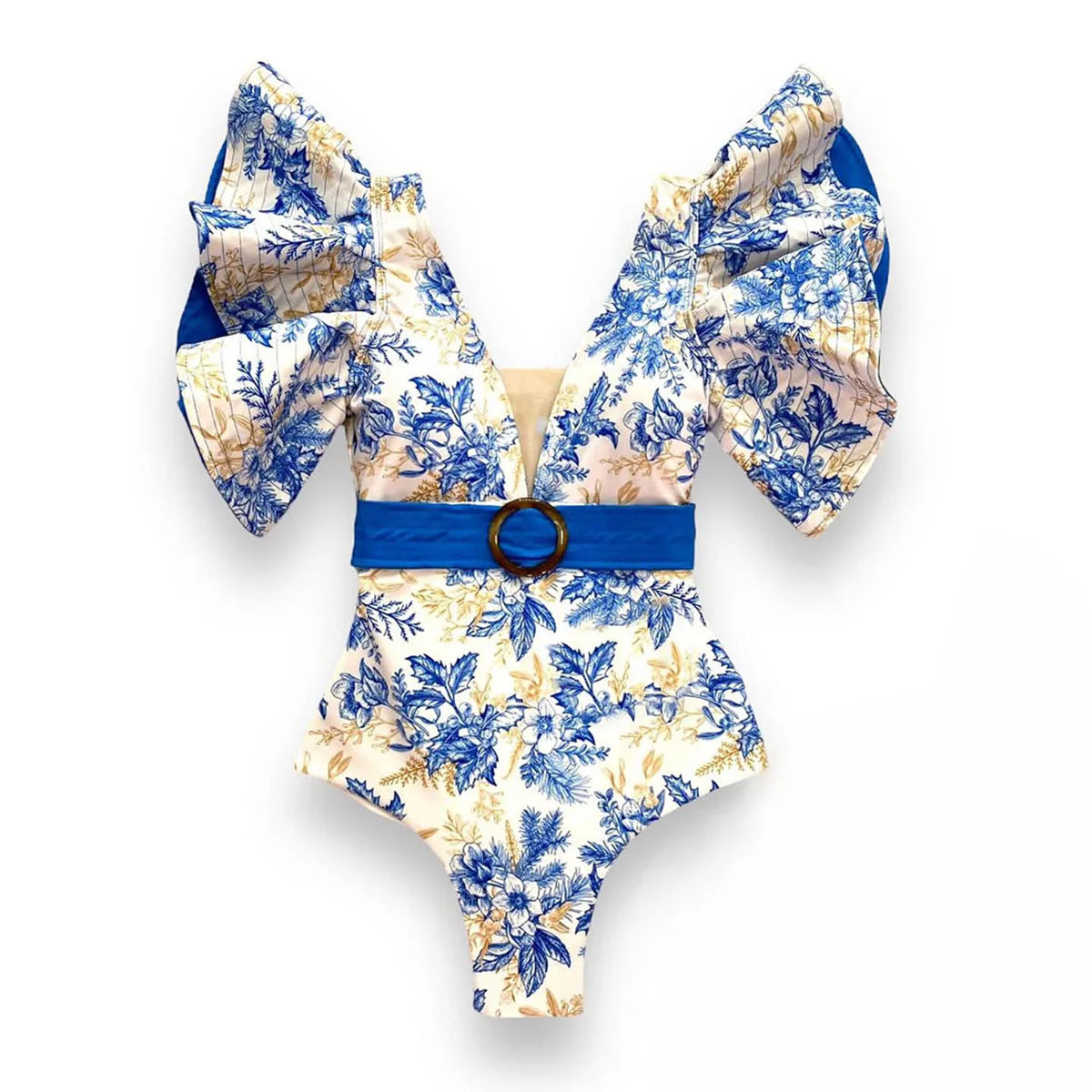 Womens vacation bathing suits, floral print, ruffled sleeves, stylish beachwear