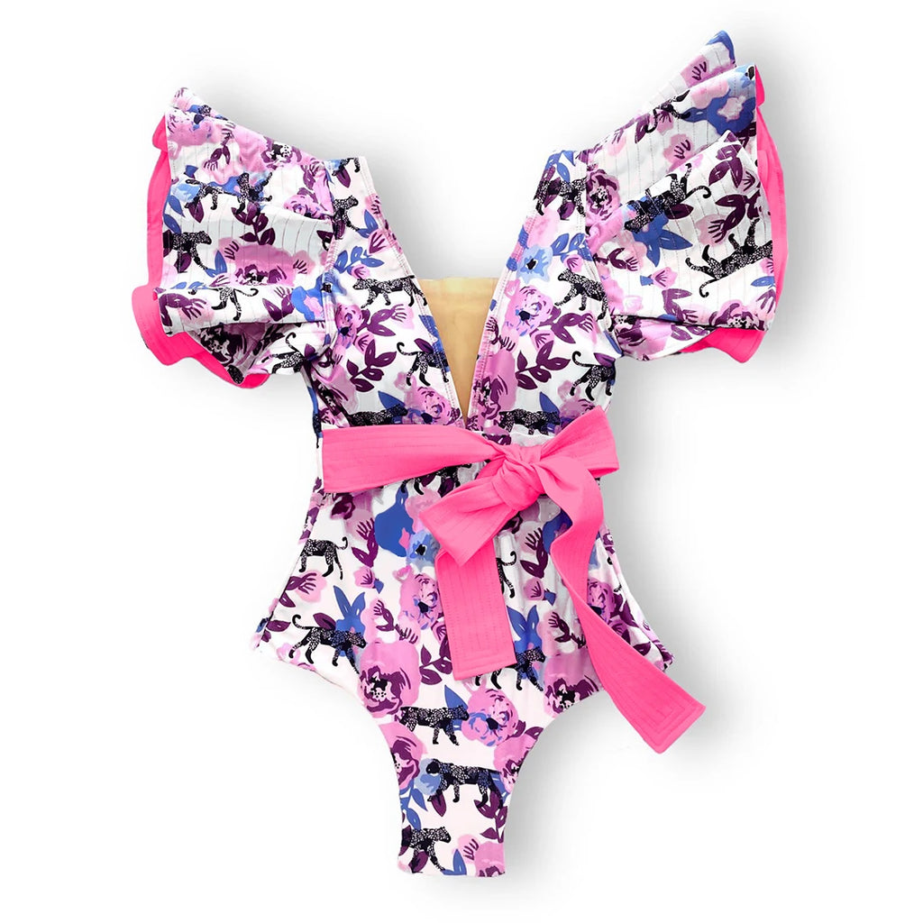 Womens vacation bathing suits, colorful floral one-piece with ruffled sleeves