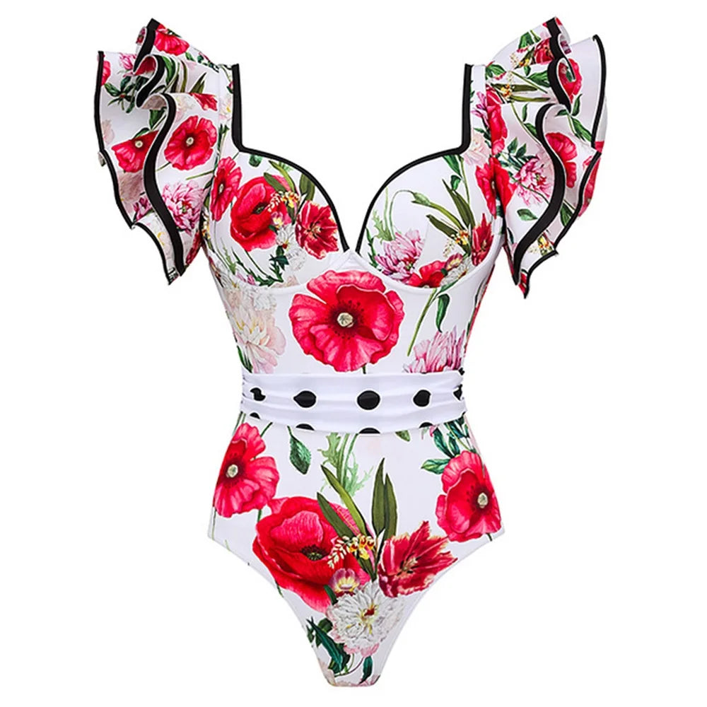 womens vacation bathing suits, floral print with ruffled sleeves