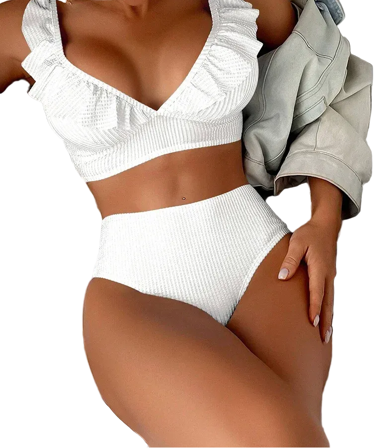 White ribbed women's vacation bathing suits for beach outings
