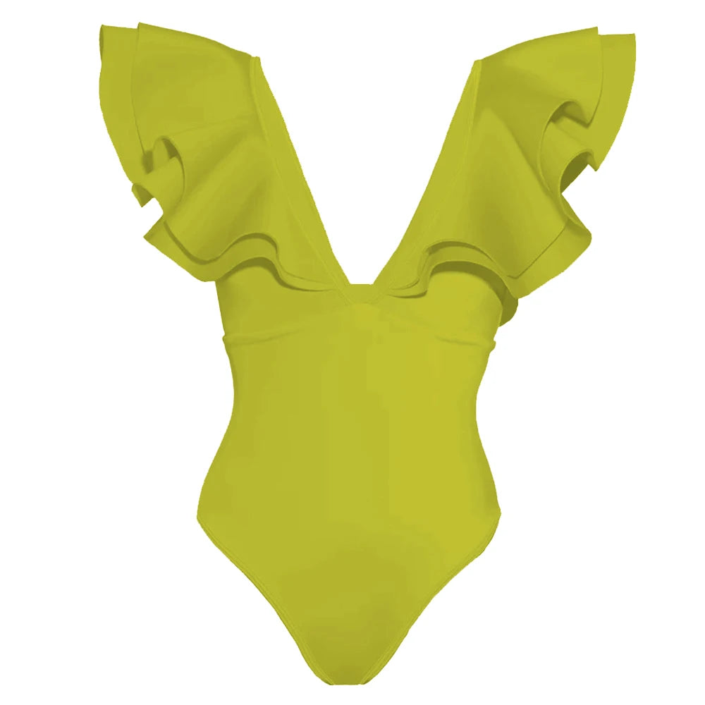 Womens vacation bathing suits in bright yellow with ruffle details