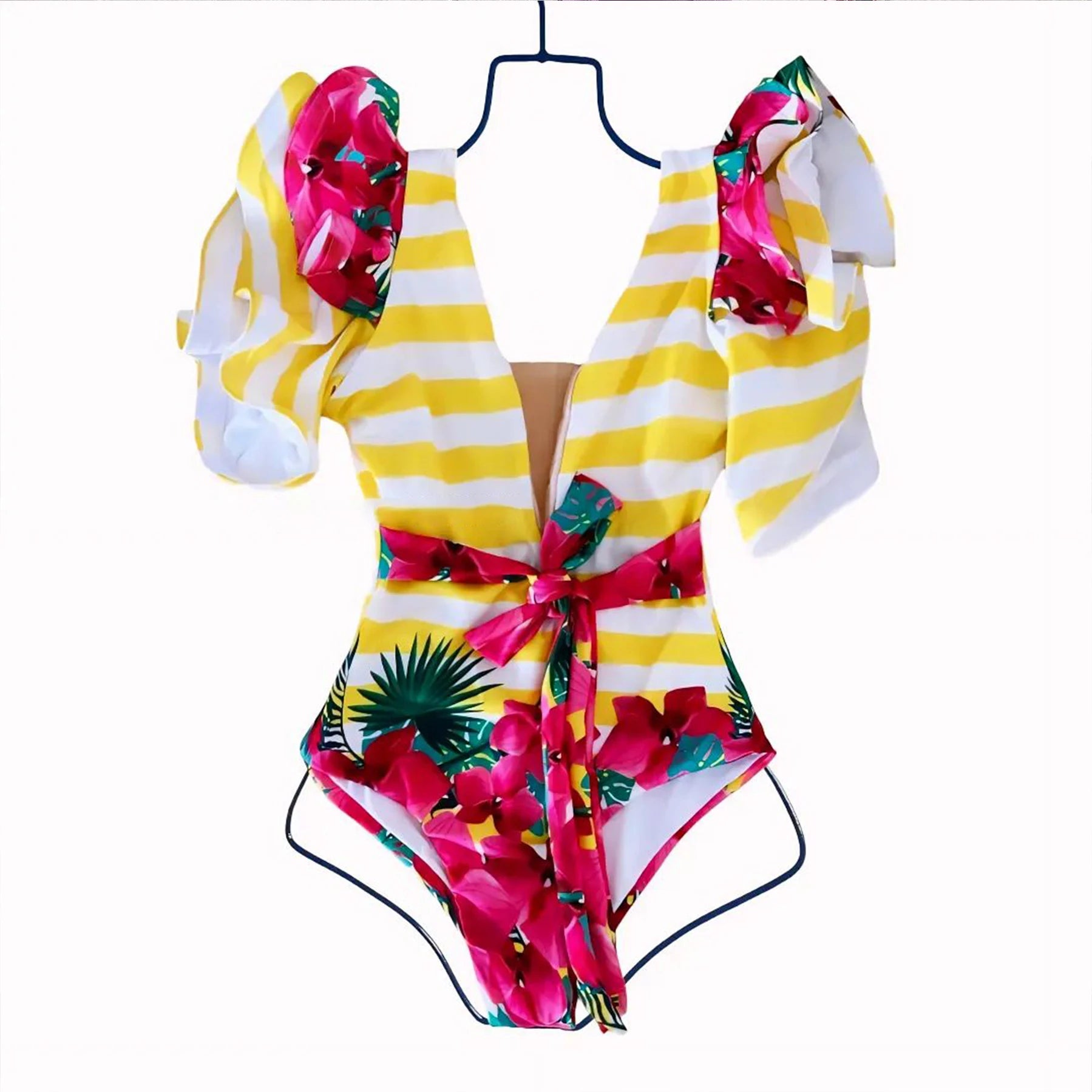 womens vacation bathing suits, yellow striped one-piece with floral sleeves