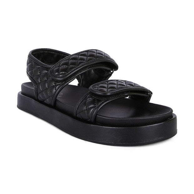 Stylish black womens vacation sandals with quilted straps and a comfortable sole for summer outings