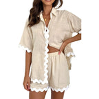 Miss Sparkling womens vacation shorts set in beige with white scalloped trim and relaxed fit