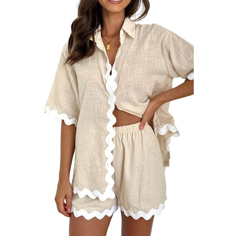 Miss Sparkling womens vacation shorts set in beige with white scalloped trim and relaxed fit