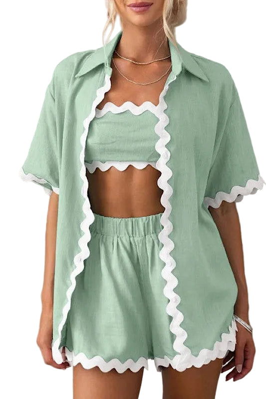 Miss Sparkling womens vacation shorts set in light green with white trim featuring a crop top, shorts, and short sleeve shirt