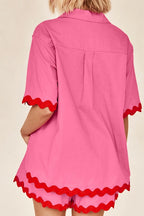 Miss Sparkling womens vacation shorts set in pink with red scalloped trim on sleeves and shorts