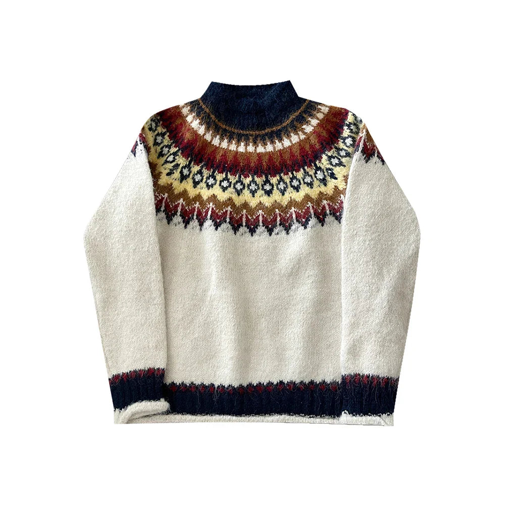 Women’s vintage pattern sweater in cream with colorful Nordic design and high neck for stylish cold weather wear