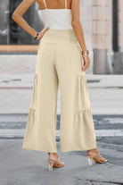 VacationGrabs womens wide leg vacation pants in beige with tiered design and elastic waistband