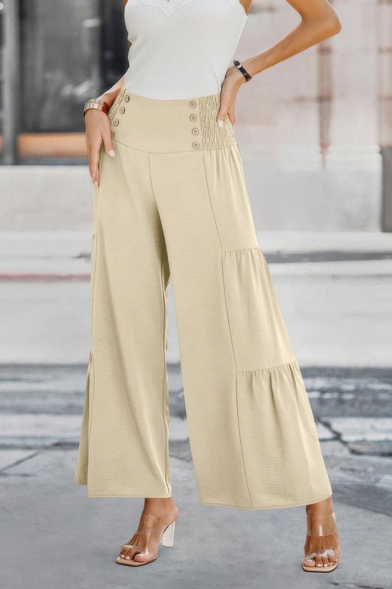 VacationGrabs womens wide leg vacation pants in beige with button details and tiered design