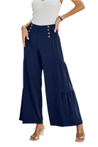 VacationGrabs womens wide leg vacation pants in navy with button details and tiered design