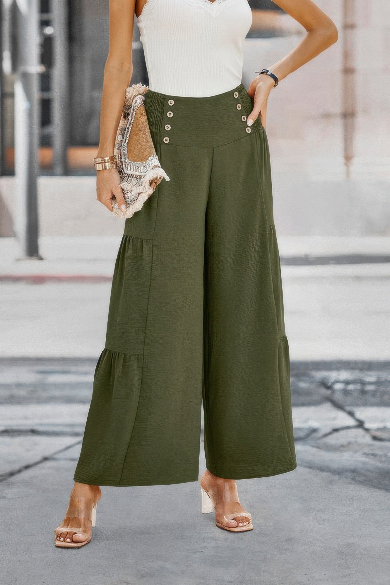VacationGrabs womens wide leg vacation pants in olive green with button details and tiered design