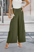 VacationGrabs womens wide leg vacation pants in olive green with button details and tiered design
