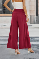 VacationGrabs womens wide leg vacation pants in burgundy with tiered design and high waist