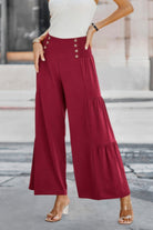 VacationGrabs womens wide leg vacation pants in deep red with button detail and tiered design