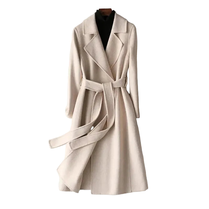 beige wool coat with belt, perfect for winter layering