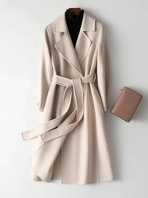 Women's beige wool coat with belt, perfect for winter fashion
