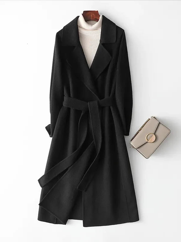 Black wool coat with belt, perfect for winter wear
