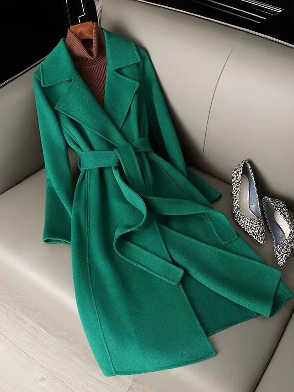women's green wool coat with belt, perfect for chilly weather