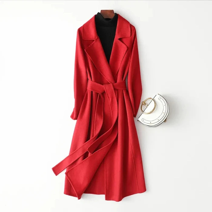Red wool coat, stylish wrap design for winter wear