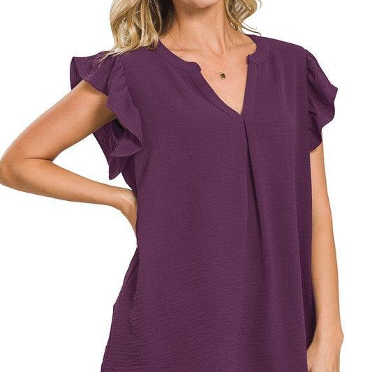 Women's Shirts Woven Airflow Ruffled Sleeve High-Low Top