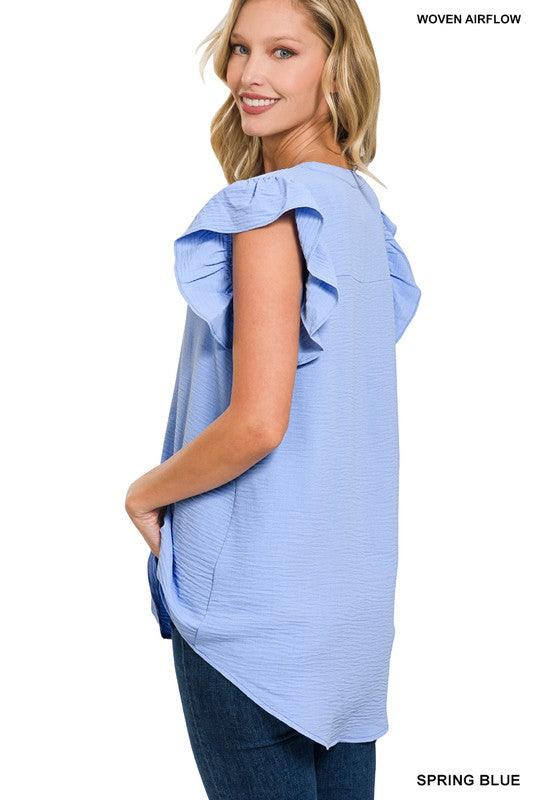 Women's Shirts Woven Airflow Ruffled Sleeve High-Low Top