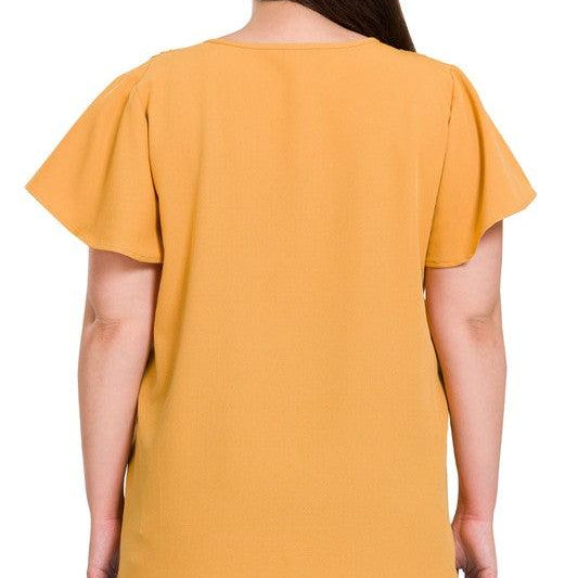 Women's Shirts Woven Flutter Sleeve V-Neck Top