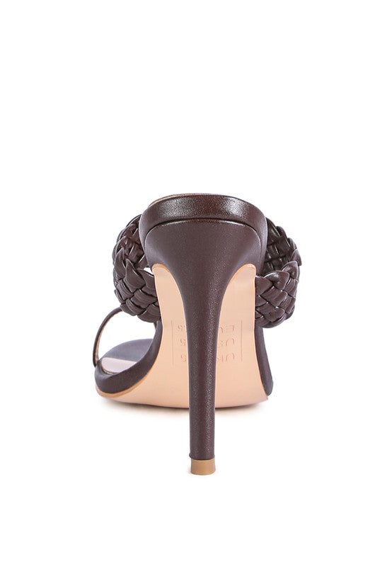 Women's brown woven strap toe ring sandals with high heels