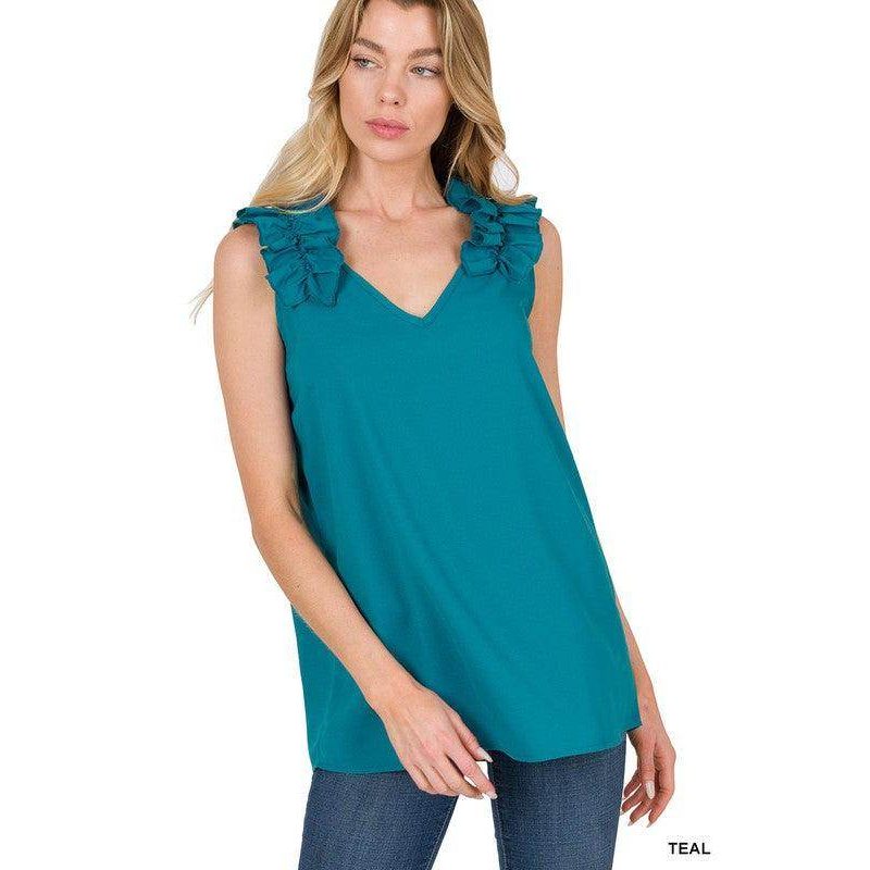 Woven Wool Ruffle Trim Sleeveless Top - VacationGrabs