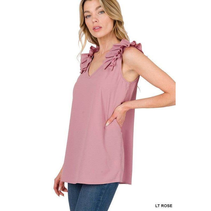 Woven Wool Ruffle Trim Sleeveless Top - VacationGrabs
