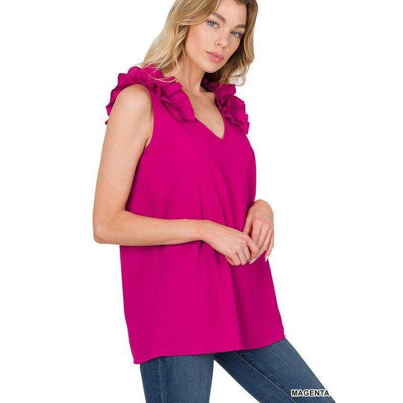 Woven Wool Ruffle Trim Sleeveless Top - VacationGrabs