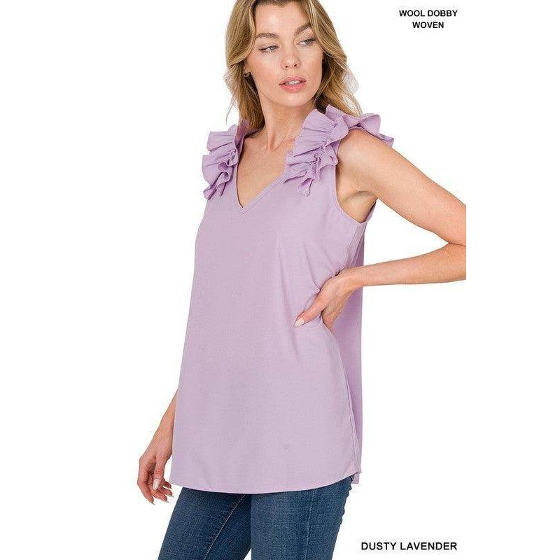 Woven Wool Ruffle Trim Sleeveless Top - VacationGrabs