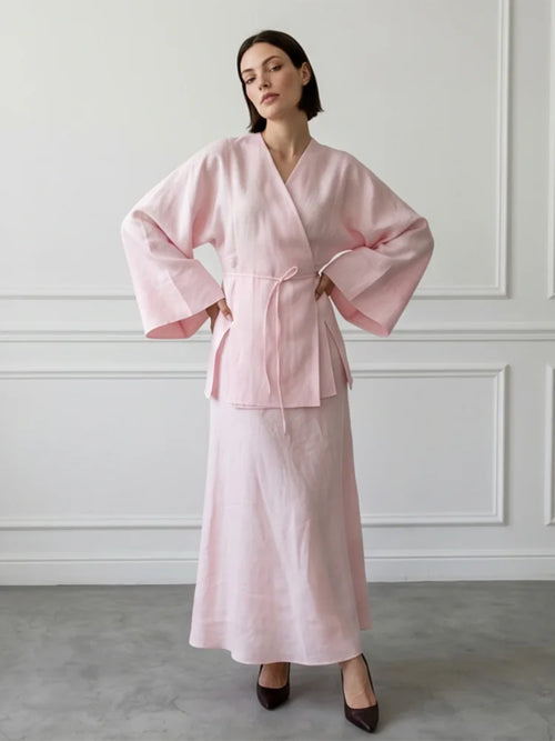 Pink wrap skirt made of soft linen for casual or elegant occasions