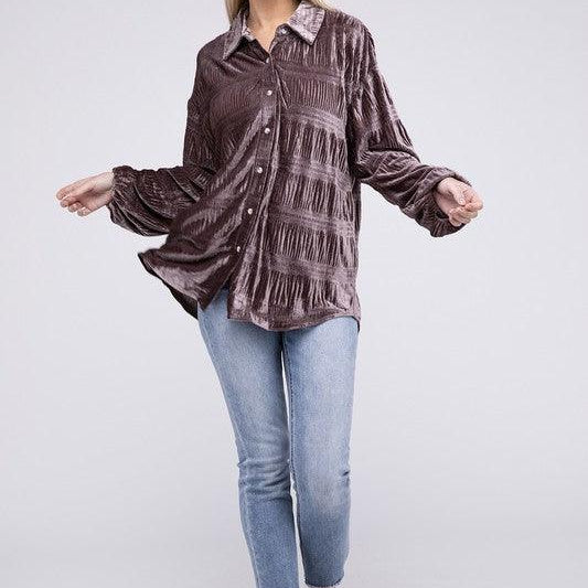 Women's Shirts Wrinkle Effect Tiered Shirring Velvet Shirt