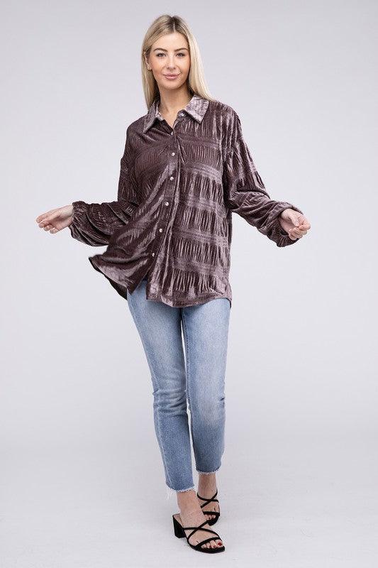 Women's Shirts Wrinkle Effect Tiered Shirring Velvet Shirt