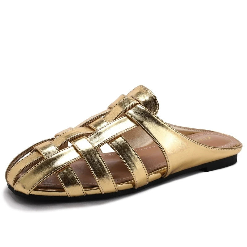 Women's gold sandals for summer, stylish and comfortable flat design