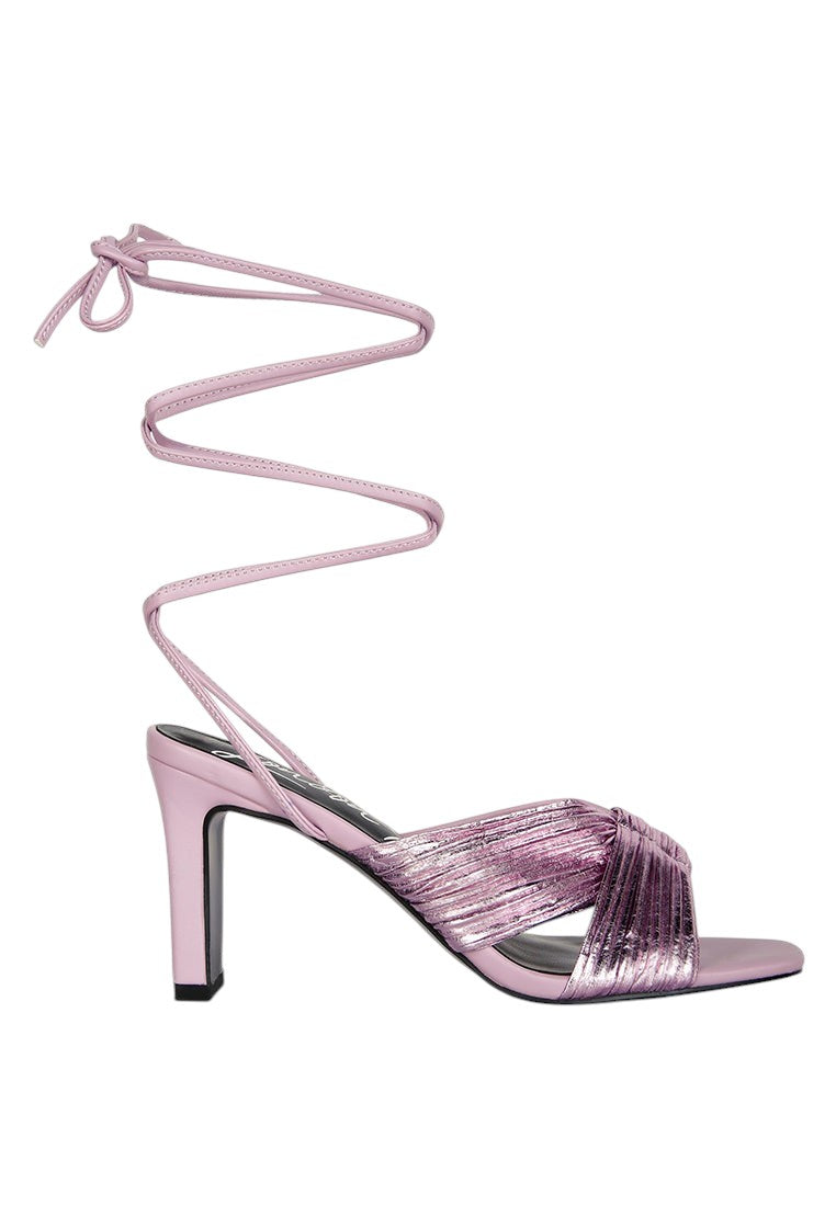 Xuxa Metallic Tie Up Italian Block Heel Sandals