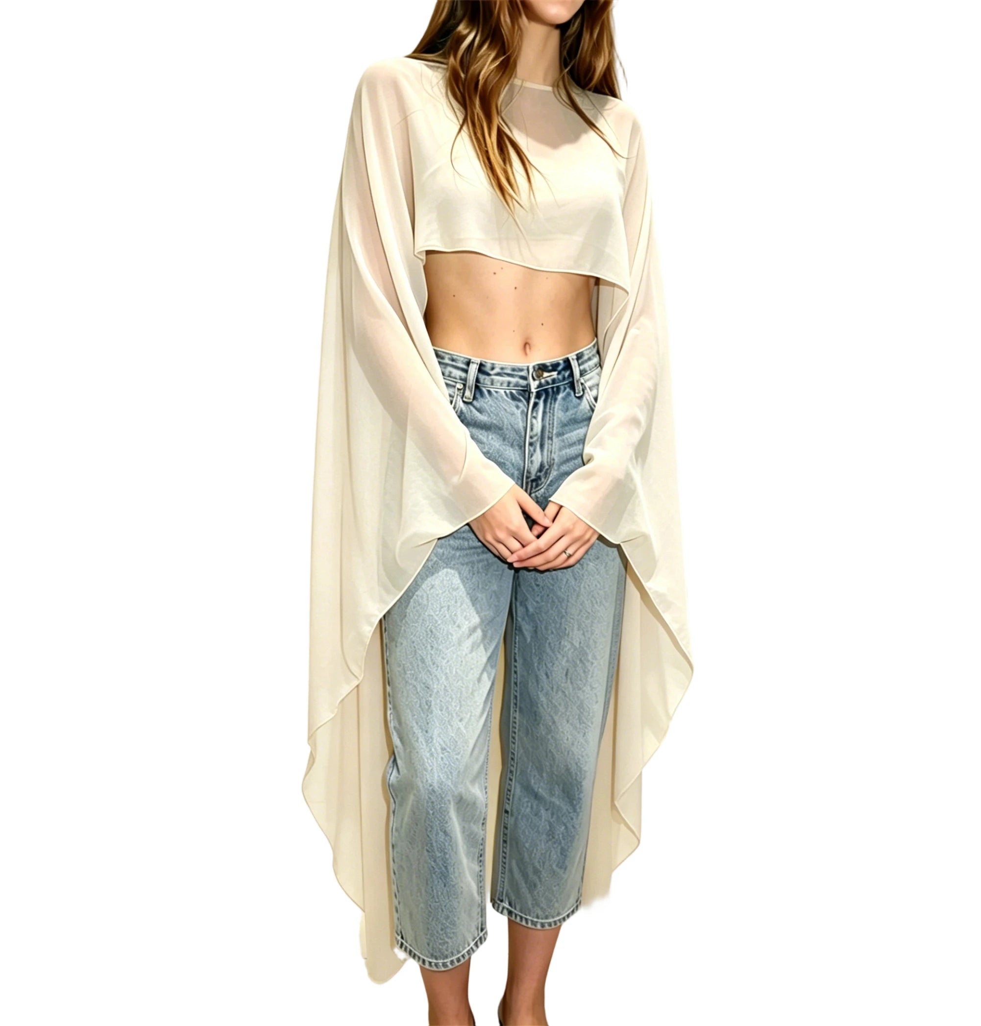 Women's cream sheer kimono top, perfect for Y2K aesthetic outfits