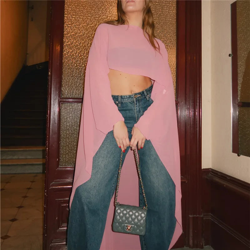 Women's pink cropped top with flowy sleeves, perfect for y2k aesthetic