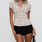 Women's plaid button-up shirt, cotton blend, stylish y2k fashion