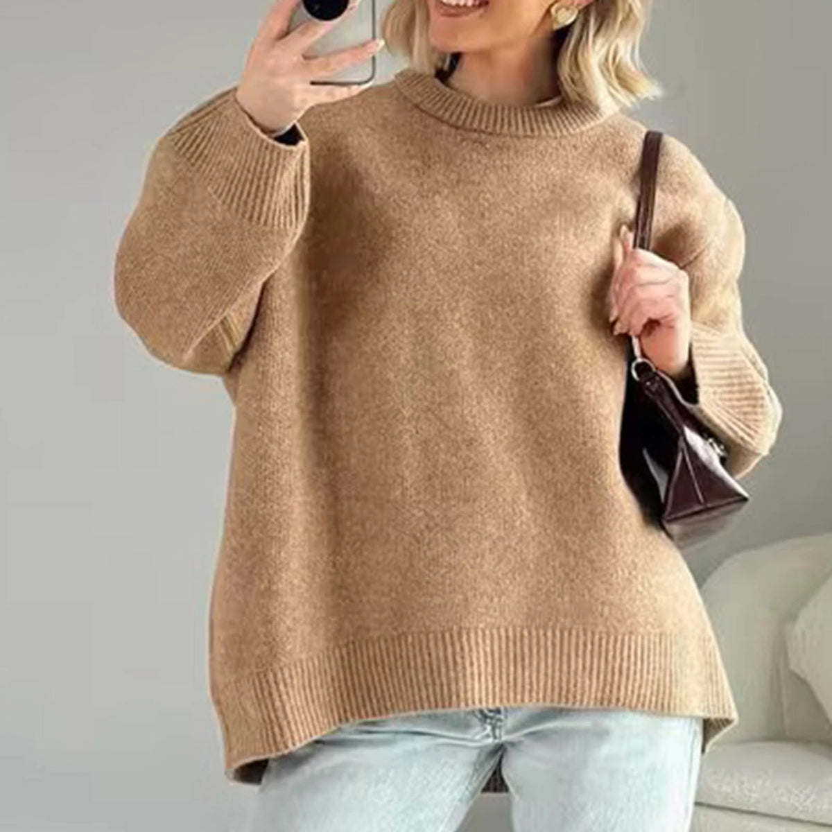 Women's cozy beige sweater, perfect for y2k fashion enthusiasts