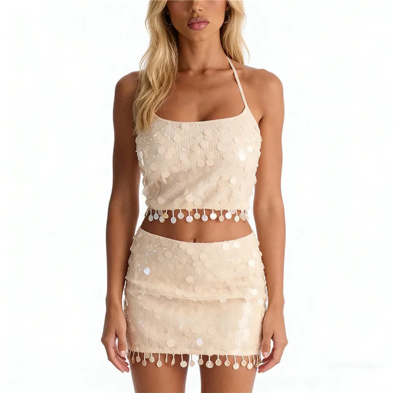 Women's shimmering tan two-piece set, perfect for y2k fashion parties